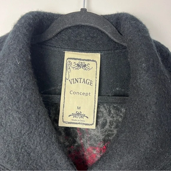 Vintage Concept Black Wool Blend Button Up Sweater Coat with Red Accents Women M - Picture 6 of 11